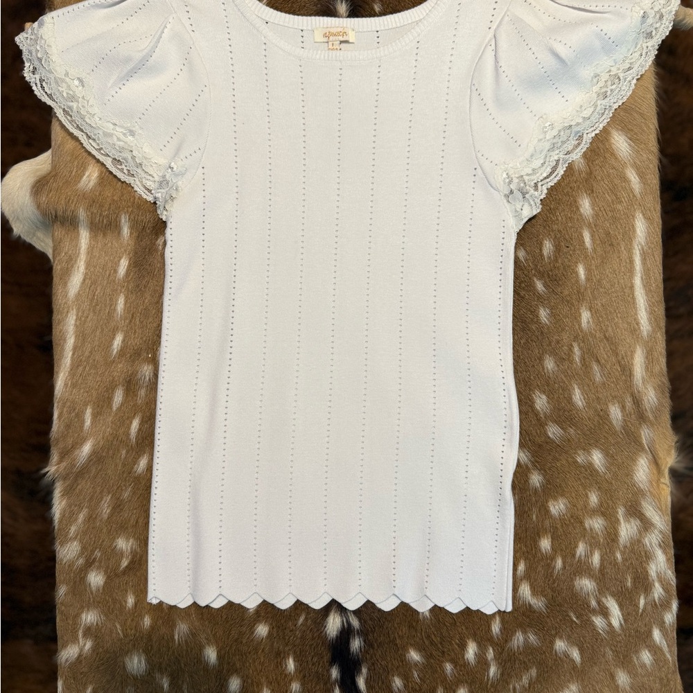 White Short Sleeve Tee with Ruffle Details